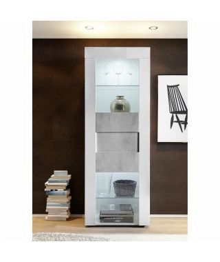 Vitrine 1 Porte Blanc Laqué brillant & façade Beton - L 60 cm - GENOVA