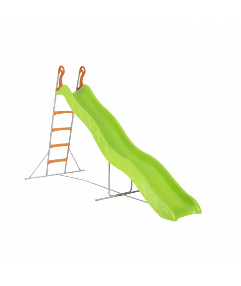 Toboggan PYROU de 3,32m de glisse , coloris vert avec 4 echelons anti-dérapant coloris orange, structure métal coloris gris.