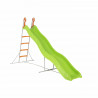 Toboggan PYROU de 3,32m de glisse , coloris vert avec 4 echelons anti-dérapant coloris orange, structure métal coloris gris.