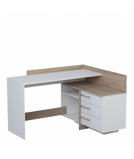 Bureau d'angle 3 tiroirs - Décor chene et blanc - L 128,5 x P 105,7 x H 83,2 cm - THALES