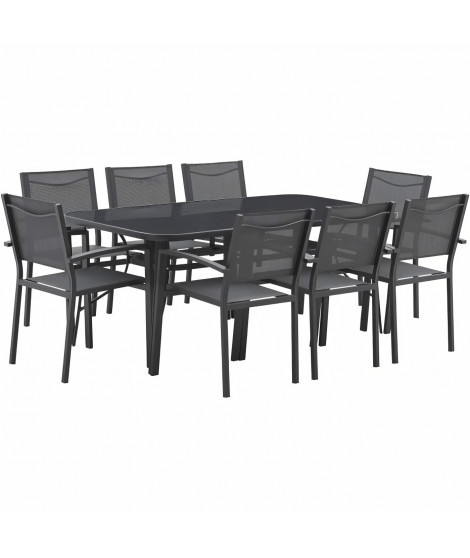 Ensemble repas de jardin 6 personnes - structure acier - Table 180x90 cm avec plateau en verre + 6 fauteuils pliants
