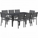 Ensemble repas de jardin 6 personnes - structure acier - Table 180x90 cm avec plateau en verre + 6 fauteuils pliants