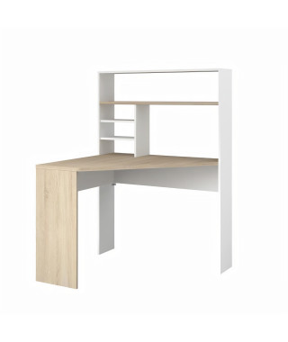 Bureau d'angle avec étagere - Décor blanc et chene -  L 101 x P 95 x H 140cm - PEAK