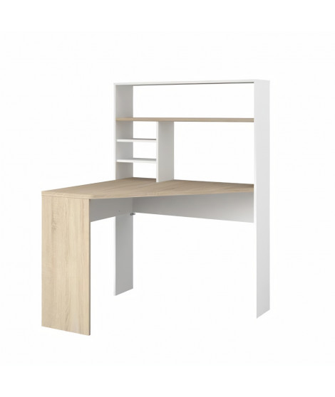 Bureau d'angle avec étagere - Décor blanc et chene -  L 101 x P 95 x H 140cm - PEAK