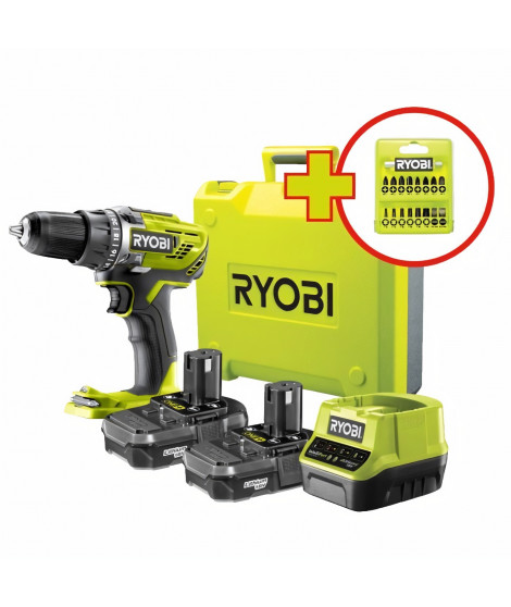 RYOBI Perceuse-visseuse sans fil 18V ONE+ R18DD3-220TA17 - 2 batteries de 2Ah - une boite a outils  - un coffret 17 accessoires