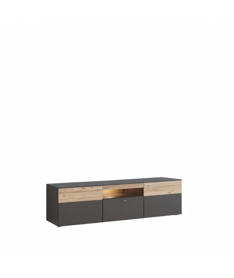 Meuble TV 2 portes, 1 tiroir + LED - Décor chene et gris - L 209,8 x P 52 x H 59,3 cm - COMO