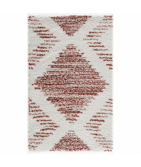 NAZAR Tapis de salon Shaggy longues meches style Berbere - 120 x 160 cm - Blanc et terracotta