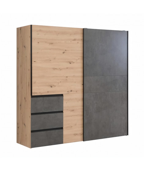 Armoire 2 portes coulissantes 3 tiroirs - Décor chene artisan et béton gris - L 200,1 x P 61,2 x H 200,5 cm - WINN2