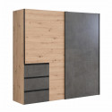 Armoire 2 portes coulissantes 3 tiroirs - Décor chene artisan et béton gris - L 200,1 x P 61,2 x H 200,5 cm - WINN2