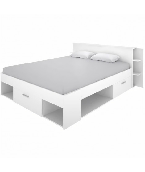 Lit adulte 140x190 cm - 3 tiroirs + Tete de lit avec rangement - Blanc - SAX