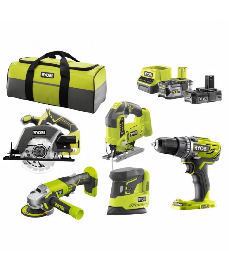 RYOBI R18CK3B-252SS Pack 5 outils ONE+ 18V (Perceuse, meuleuse, scie sauteuse, scie circulaire, ponceuse)