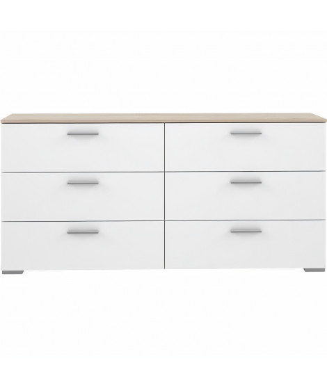 Commode 6 tiroirs - Décor chene et blanc mat - L 159,9 x P 41,3 x H 75,8 cm - BASJANA