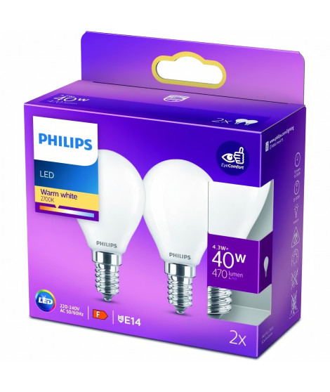 PHILIPS LED Classic 40W Sphérique E14 Blanc Chaud Dépolie Non Dimmable Lot de 2