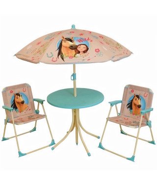 SPIRIT Salon de jardin : 1 table ronde, 2 chaises, 1 parasol pour enfant