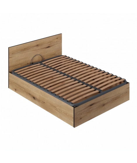 Lit Coffre 140x190 en bois + Tete de lit - Chene Rustique - Sommier a lattes inclus - L 140 x P 193 x H 80 cm