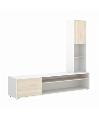 Meuble TV 2 portes colonne réversible - Décor chene et blanc -  L 181 x P 41,5 x H 161 - ESSEN