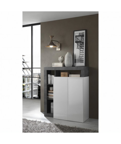 Buffet  2 Portes - Blanc Lacqué Brillant et Imitation Oxyde - L 108 x P 42 x H 93 cm - MAESTRO