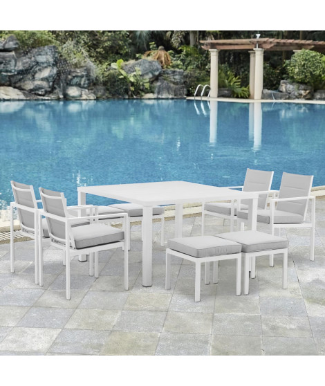 Ensemble repas de jardin encastrable 8 personnes- table 125 x 125 cm - plateau en aluminium + 4 fauteuils + 4  tabourets - Bl…