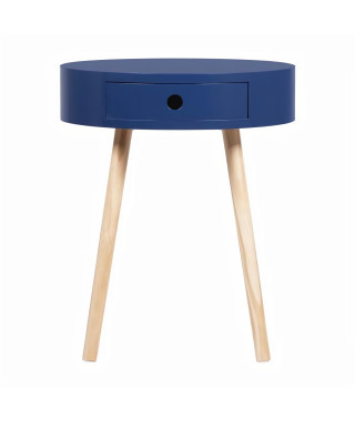 Table d'appoint avec 1 tiroir - MDF laqué avec piétement en Bois pin massif - Bleu foncé - Joe