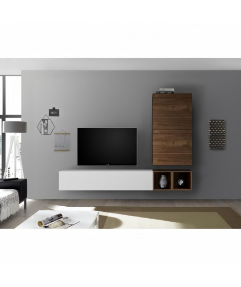 Meuble TV Mural  - Décor Noyer foncé et Blanc Laqué - L 193 x P 30 x H 170 cm - Foggia