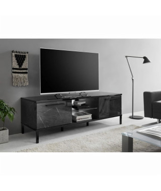 Meuble TV 2 Portes - Laqué Noir/Marbre Noir -  L 156 x P 51 x H 50 cm - MANTOVA