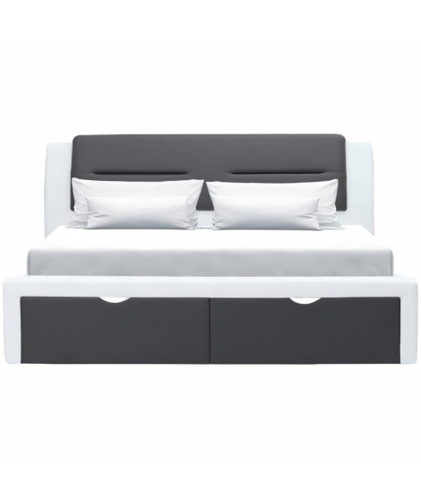 Lit  adulte contemporain avec tiroirs de rangement - Simili Gris foncé/blanc - Sommier inclus - 160 x 200 cm - SCARLETTE