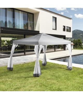 Gazebo - 3 x 3 m - Avec Moustiquaire - Structure Acier & Toile Polyester -  Gris