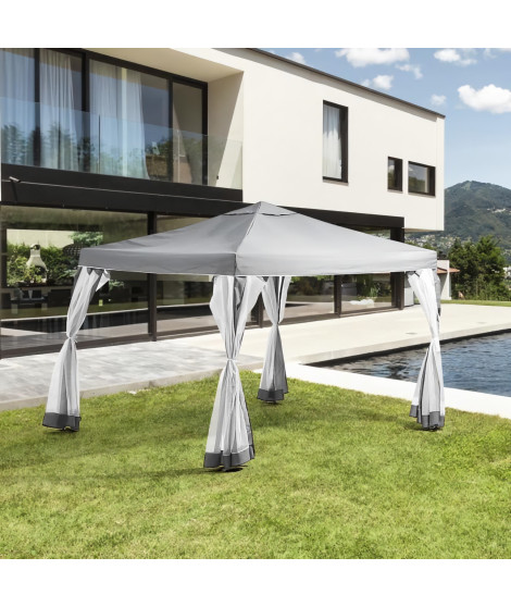 Gazebo - 3 x 3 m - Avec Moustiquaire - Structure Acier & Toile Polyester -  Gris