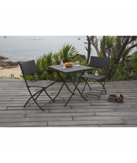 Set Bistrot 2 places - Acier & Résine tressée - Table 65 x 65 cm + 2 chaises - Gris