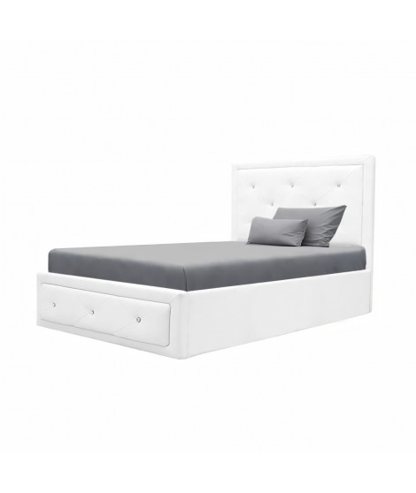 Lit adulet ou enfant 90 x 190 cm + coffre de rangement - Simili blanc - Sommier inclus - VIRGINIE