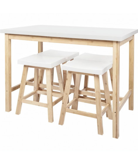 CORA Ensemble Table a manger + 4 Tabourets - Laqué blanc et pieds en bambou - L 120 x P 70 x H 90.5 cm + L 38 x P 30 x H 60 cm