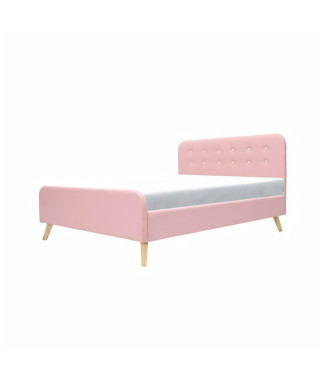 Lit adulte 160 x 200 cm - Tissu aspect lin rose + boutons blancs -Sommier inclus - ASHBY