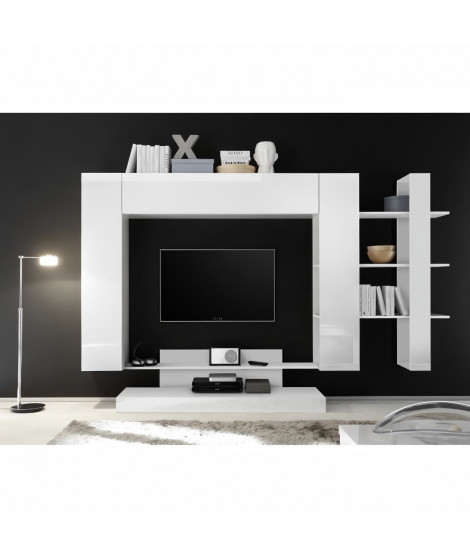 Meuble TV Mural 2 portes - Laqué Noir et Blanc - L 259 x P 42 x H 175 cm - NAPOLI