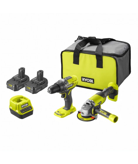 Pack duo perceuse meuleuse Ryobi ONE+ 18V sans fil - 2 batteries de 2Ah et un sac de transport