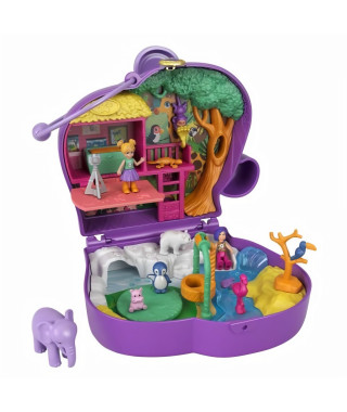 Polly Pocket - Coffret Zoo Eléphant, avec Mini-Poupées Polly et Bella, 5 Surprises, 13 Accessoires - Mini-Poupée - Des 4 ans