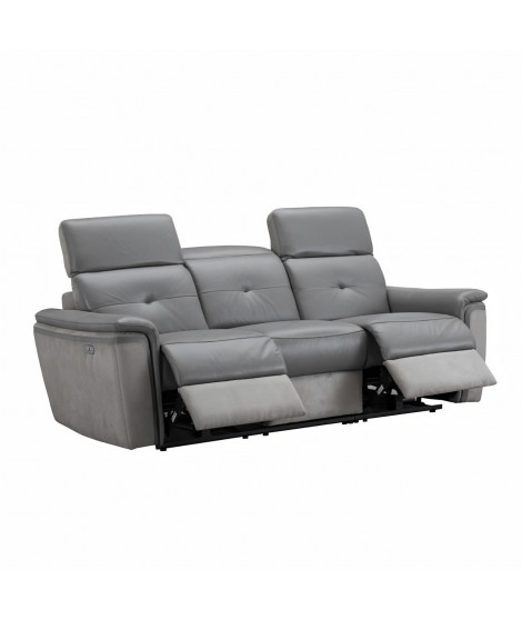 Canapé relax électrique 3 places - Cuir et tissu Gris - L 214 x P 102 x H 83 cm - SUNSHINE