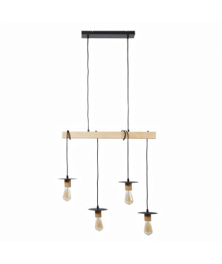 Suspension 4 Lampes - Abat-jour disque - Métal noir et bois - NEW DETROIT