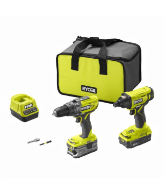 RYOBI One+ Duo perceuse a percussion + visseuse a chocs sans fil 18V - R18PDID2-252S - batteries 2 et 5 Ah - sac de rangement