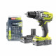 Perceuse Visseuse sans fil 18V RYOBI One+ R18DD3-220SA59 - 2 batteries de 2 Ah - 1 tournevis - cliquet + 58 acessoires - 1 sac