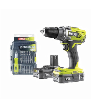 Perceuse Visseuse sans fil 18V RYOBI One+ R18DD3-220SA59 - 2 batteries de 2 Ah - 1 tournevis - cliquet + 58 acessoires - 1 sac