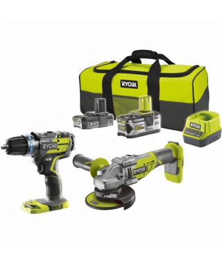 RYOBI One+ Duo Brushless perceuse a percussion + meuleuse 125mm sans fil 18V - R18CK2BL-252S - batteries 2 et 5 Ah -sac de ra…