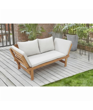 Banquette de jardin convertible en acacia - 2 places - Avec coussins - Gris clair - KAYDA