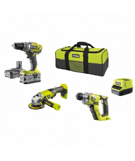 RYOBI Pack 3 outils sans fil One+ RCK183C-242S - Perceuse - meuleuse - perforateur - 2 batteries 2Ah et 4Ah - sac