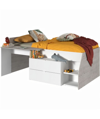 KIM Lit combiné enfant contemporain décor chene silex et blanc - l 90 x L 190 ou 200 cm