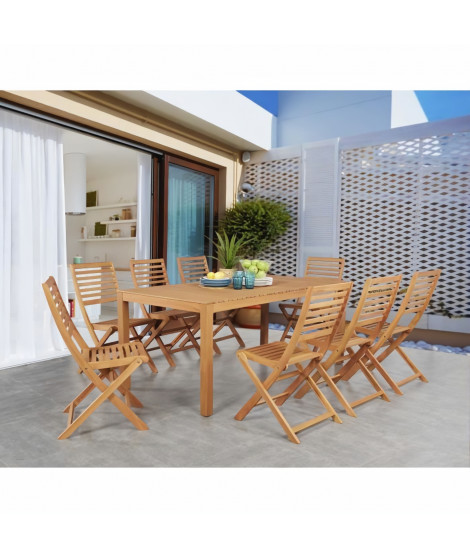 Ensemble repas de jardin 8 personnes - Table 180 x 90 cm + 8 chaises pliantes - Bois Eucalyptus FSC