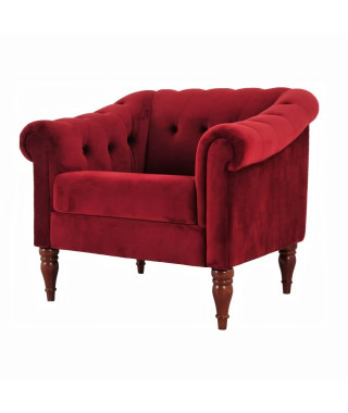 LIAM Fauteuil Chesterfield - Velours rouge et pieds en bois - L 93,5 x P 80,5 x H 80 cm