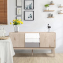 Buffet 2 portes 3 tiroirs - Scandinave - NEW SOFIA - Chene Blanc Gris Motifs - L 150 x P 40 x H 80 cm