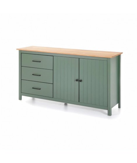 Buffet bas 2 portes 3 tirois - décor chene et vert - L 150 x P 40 x H 80 cm - MADINA