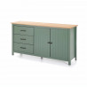 Buffet bas 2 portes 3 tirois - décor chene et vert - L 150 x P 40 x H 80 cm - MADINA