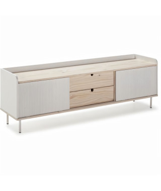 Meuble TV HORIZON portes coulissantes 2 tiroirs- métal Blanc et chene blanchi - scandinave moderne - L160XP40XH52cm